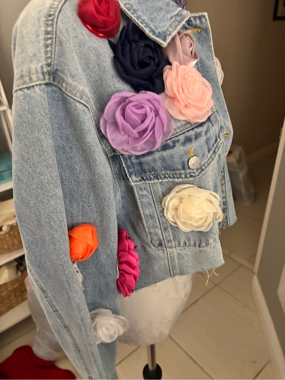 Signature 8 Multi-Color 3D Floral Appliqué Cropped Denim Jacket - Picture 6 of 11